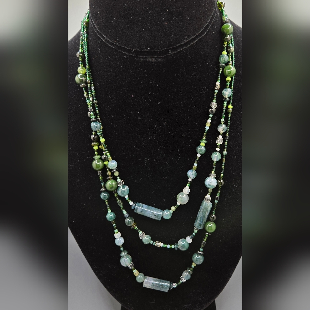 Natural Stone Necklace Nephrite Jade & Moss Agate Shades of Green 56" Long